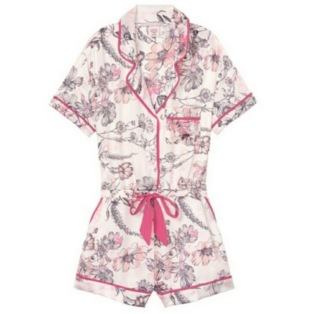 Victoria’s Secret Satin Waist Floral Tie Romper Pajamas - Picture 1 of 16